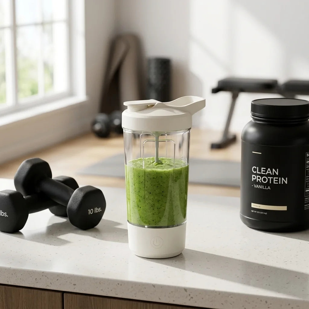 Automatic stirring cup with a green protein drink beside gym equipment