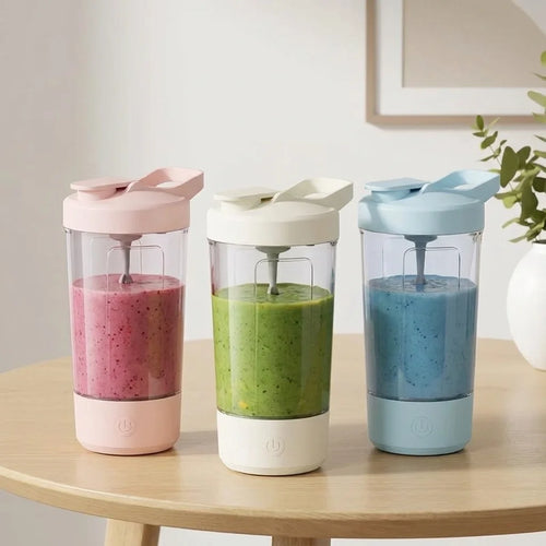 White automatic stirring cup on a soft pastel background
